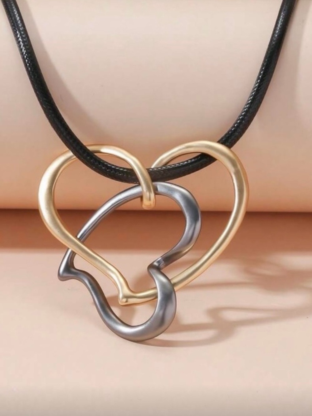 NWT Gold Silver Double Heart Pendant Necklace Black Cord Mixed Metal 17.7”